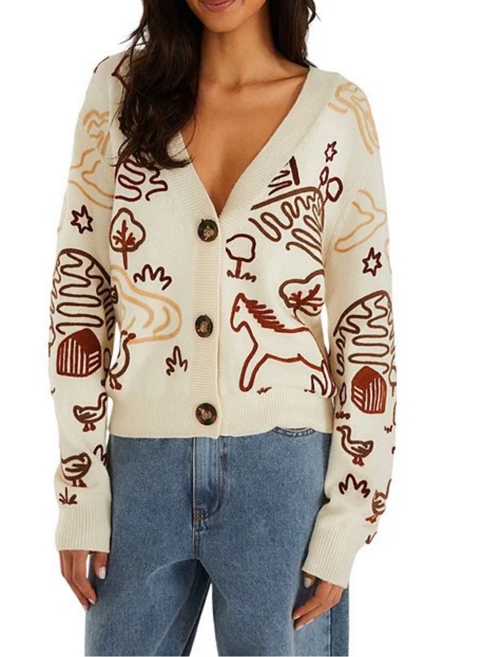 NWT🌷FARM Rio Countryside Embroidered Off-White V-neck Long Sleeve Knit Cardigan